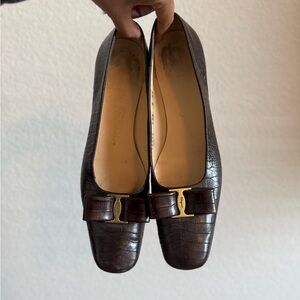 Salvatore Ferragamo Brown Croc embossed square toe shoes